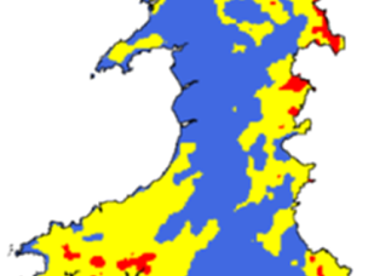 Outline of Wales with coloured areas denoting modelled ammonia concentrations